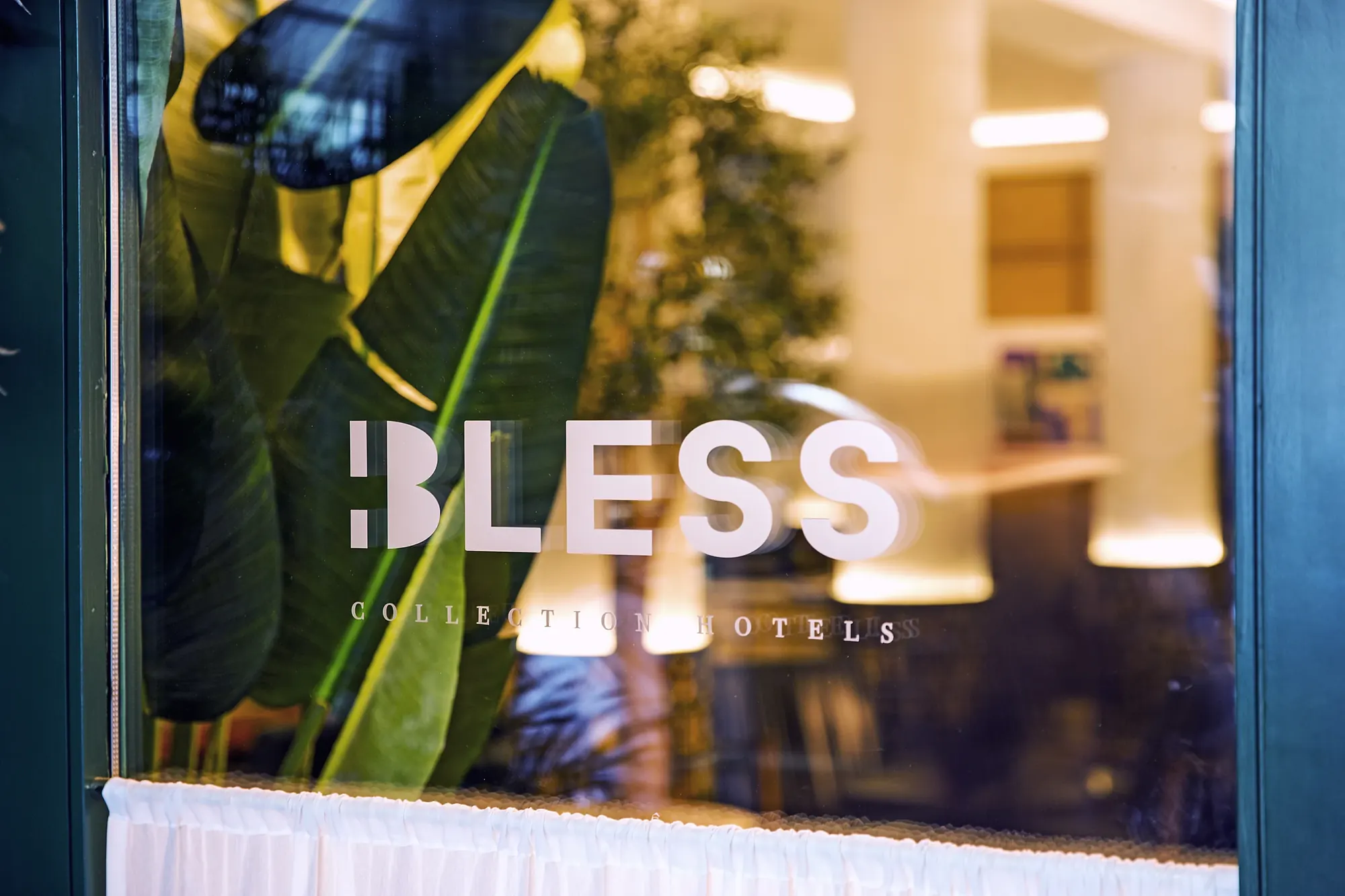 Logotipo de Hotel Bless troquelado en vinilo efecto ácido sobre el vidrio del acceso, con el mural vegetal detrás